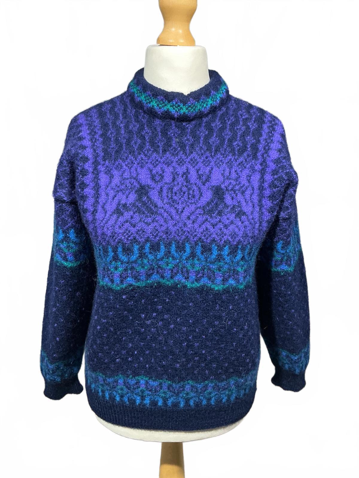 Vintage Norwegian Women's Turtleneck Sweater in Blue and Purple