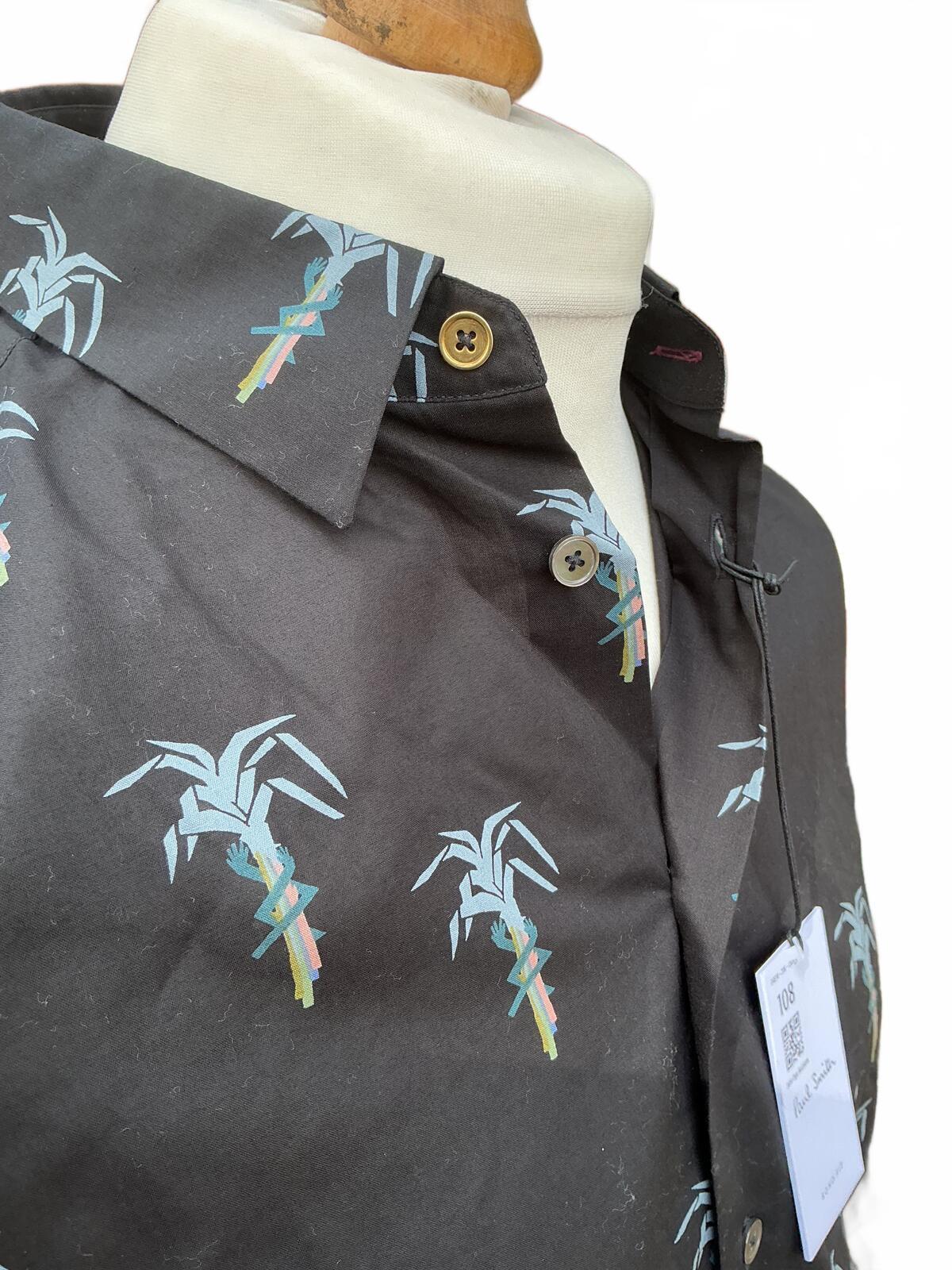 Paul Smith Black Short Sleeve Shirt with Palm Tree Print Size Small