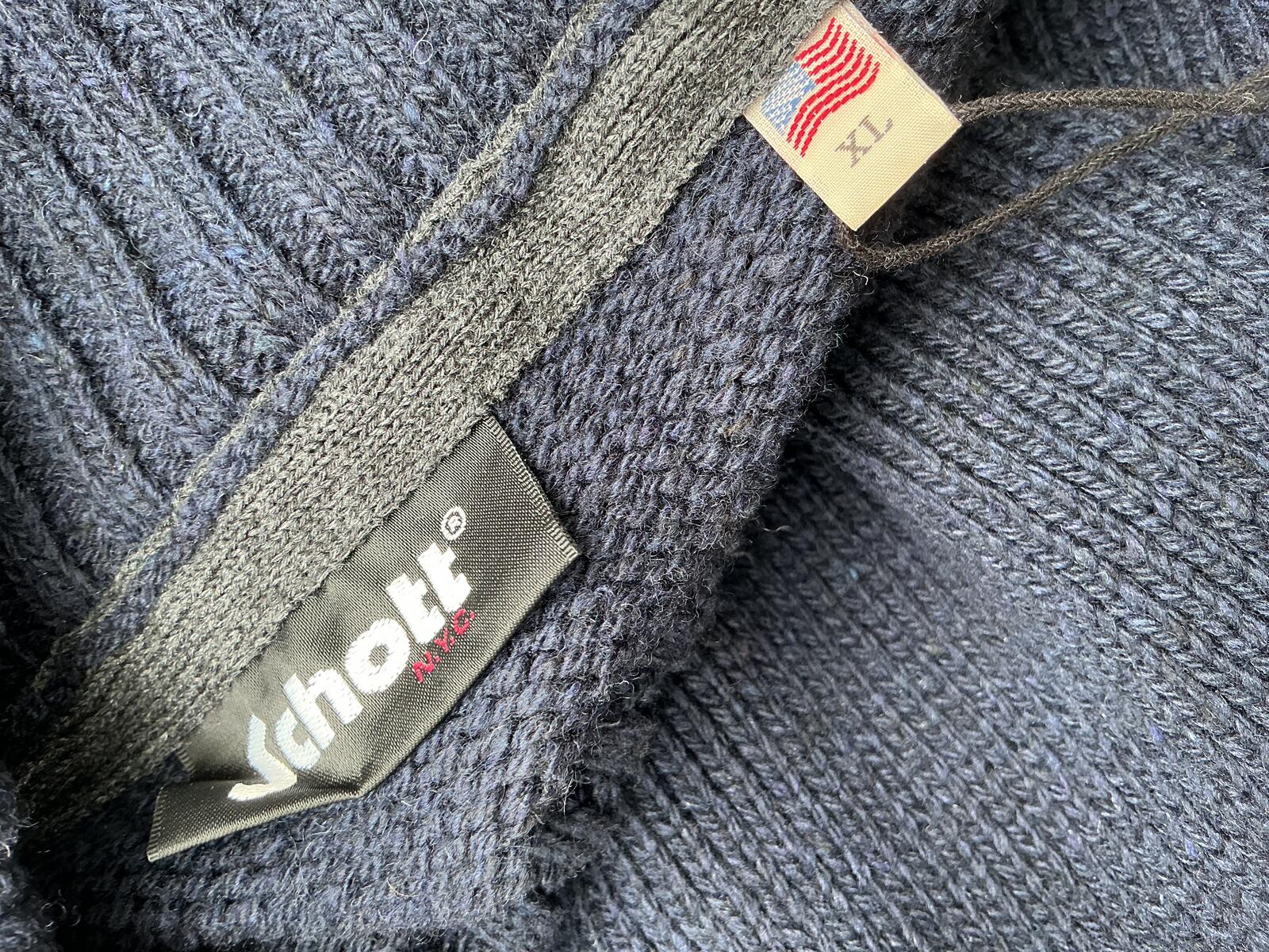 Schott Navy Blue Wool Jumper Size Regular xl with High Neck and Buttons