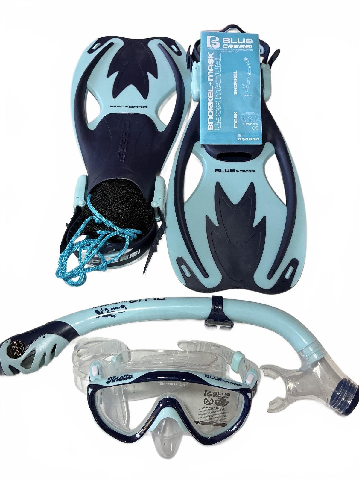 Blue Cressi Kids Snorkeling Set Size L/XL Fins Mask Snorkel Diving Gear