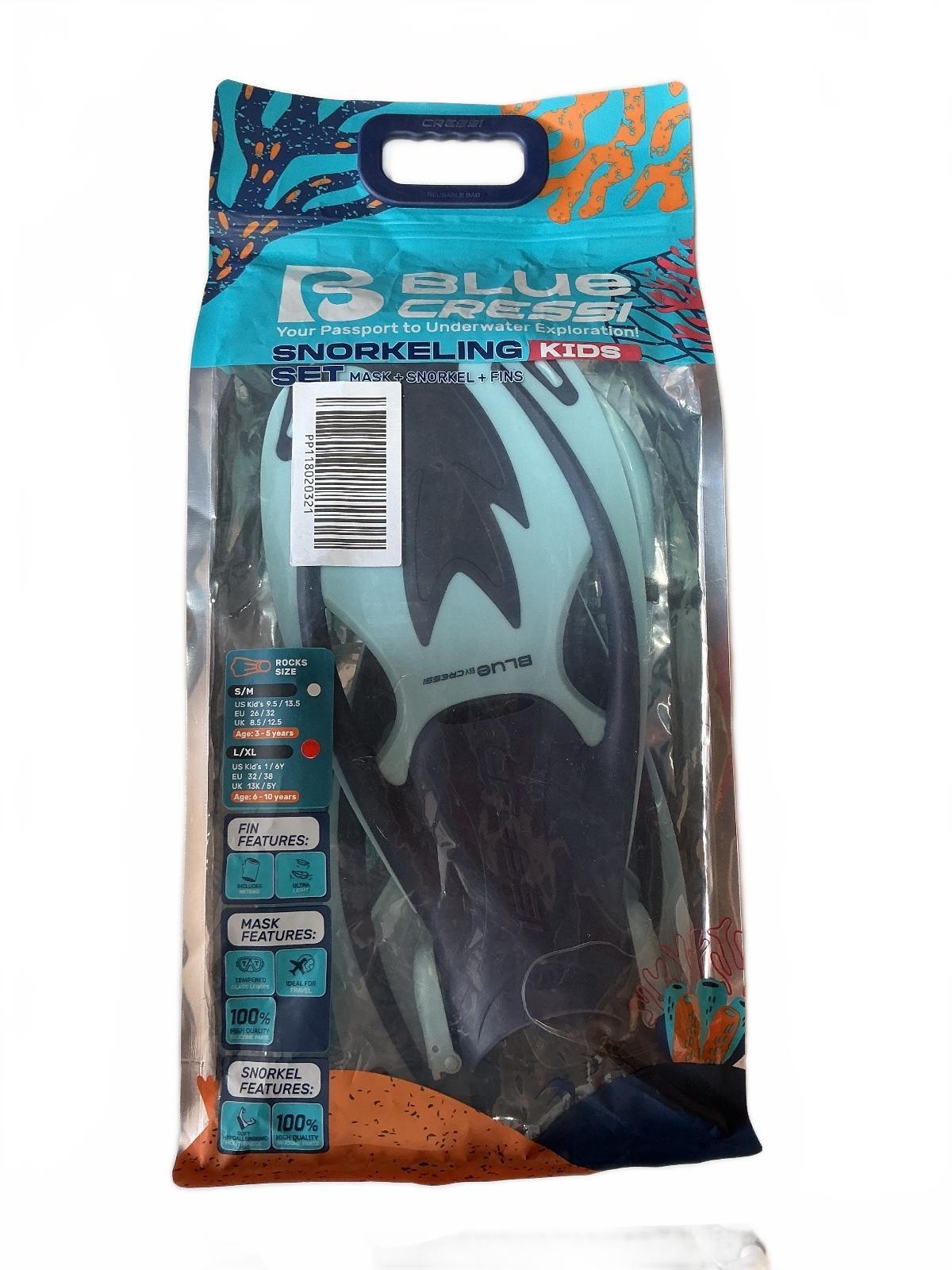 Blue Cressi Kids Snorkeling Set Size L/XL Fins Mask Snorkel Diving Gear