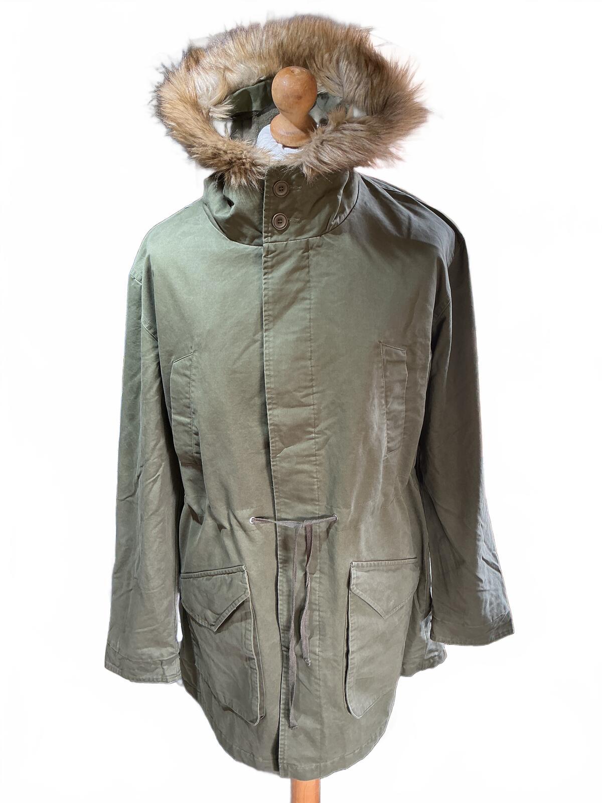 Urban Outfitters BDG Olive Green Parka Coat with Faux Fur Hood Lining Size M