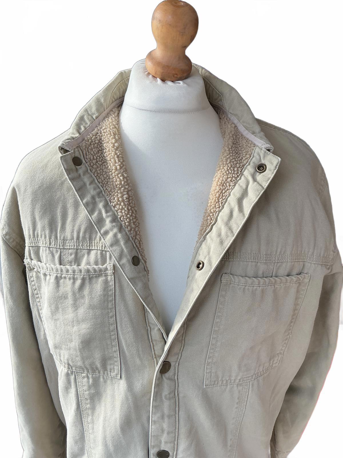 Woolrich Men's Large Beige Cotton Button-Up Sherpa Lined Shacket