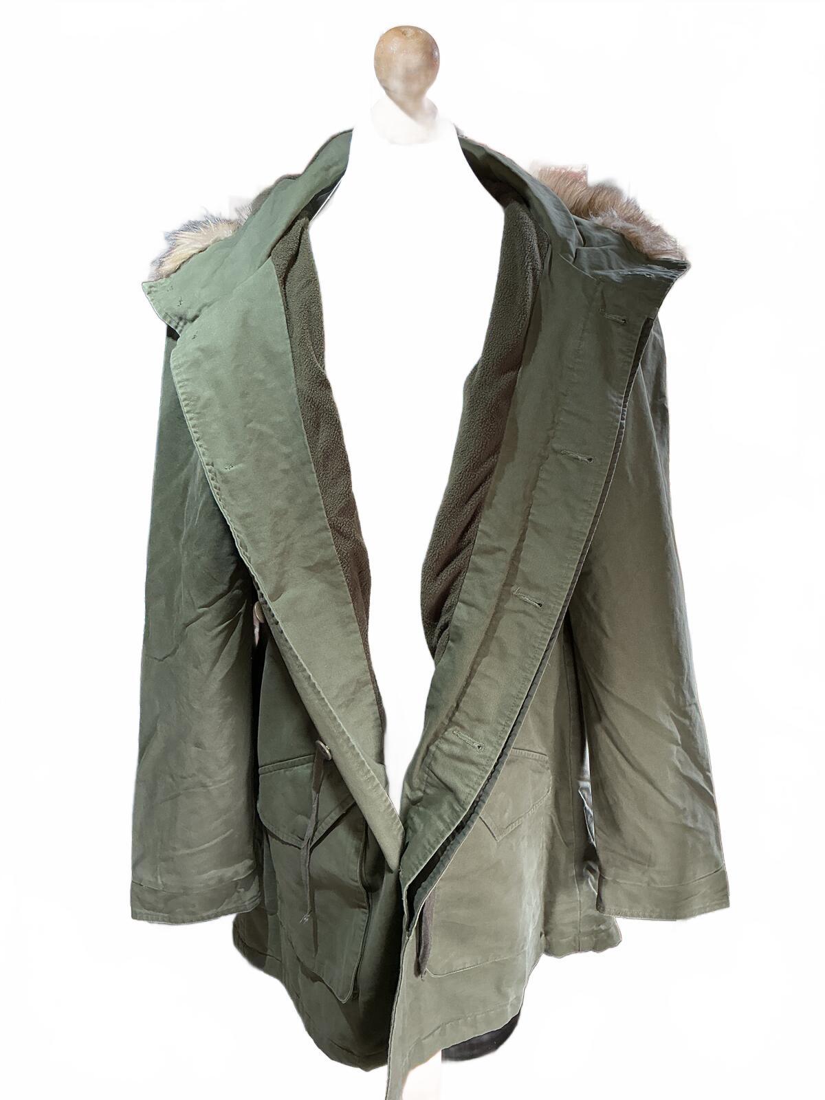 Urban Outfitters BDG Olive Green Parka Coat with Faux Fur Hood Lining Size M