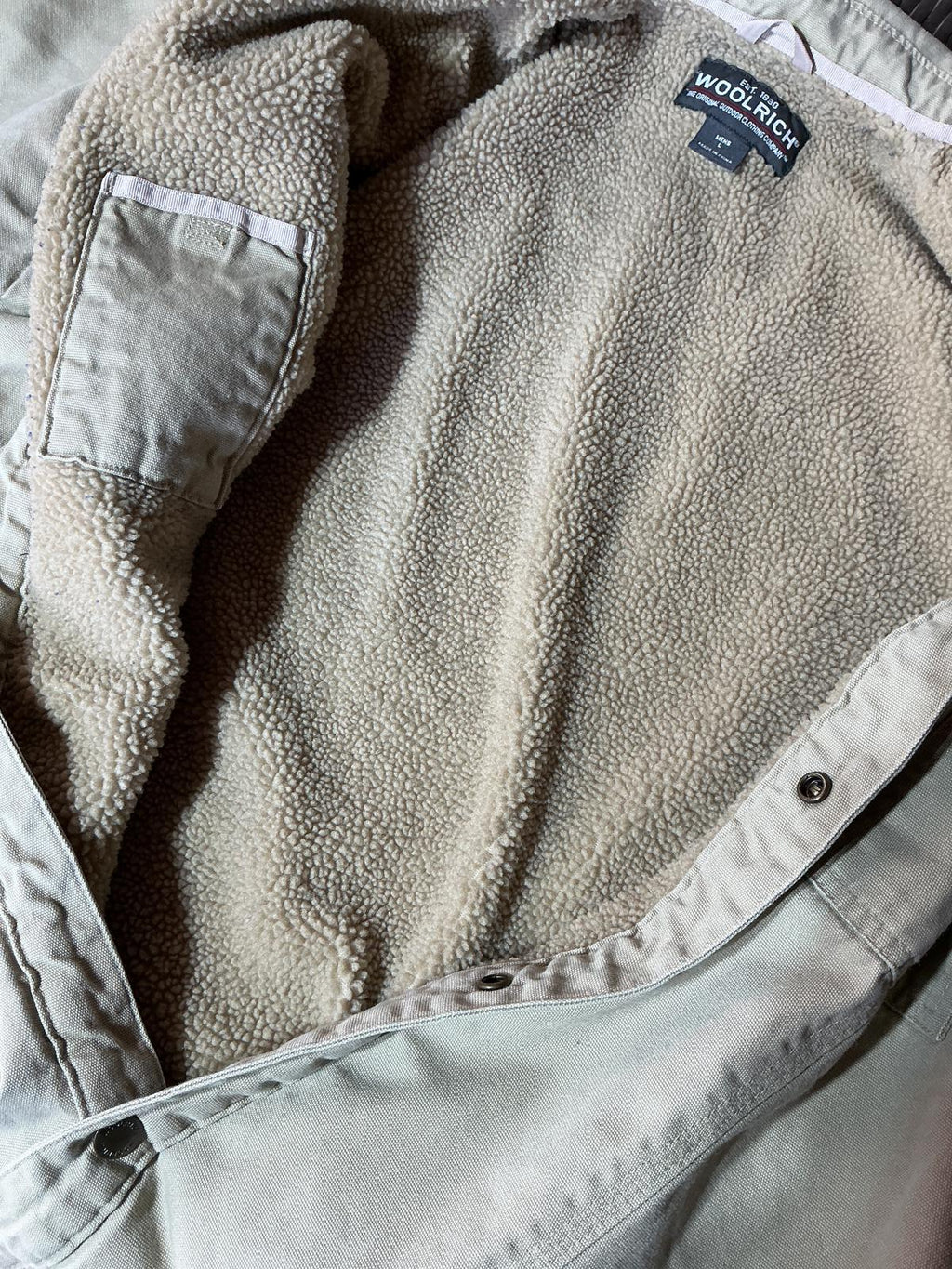 Woolrich Men's Large Beige Cotton Button-Up Sherpa Lined Shacket