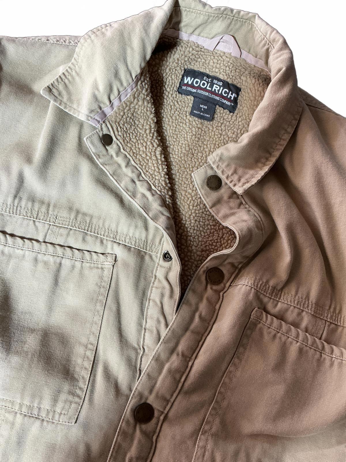 Woolrich Men's Large Beige Cotton Button-Up Sherpa Lined Shacket