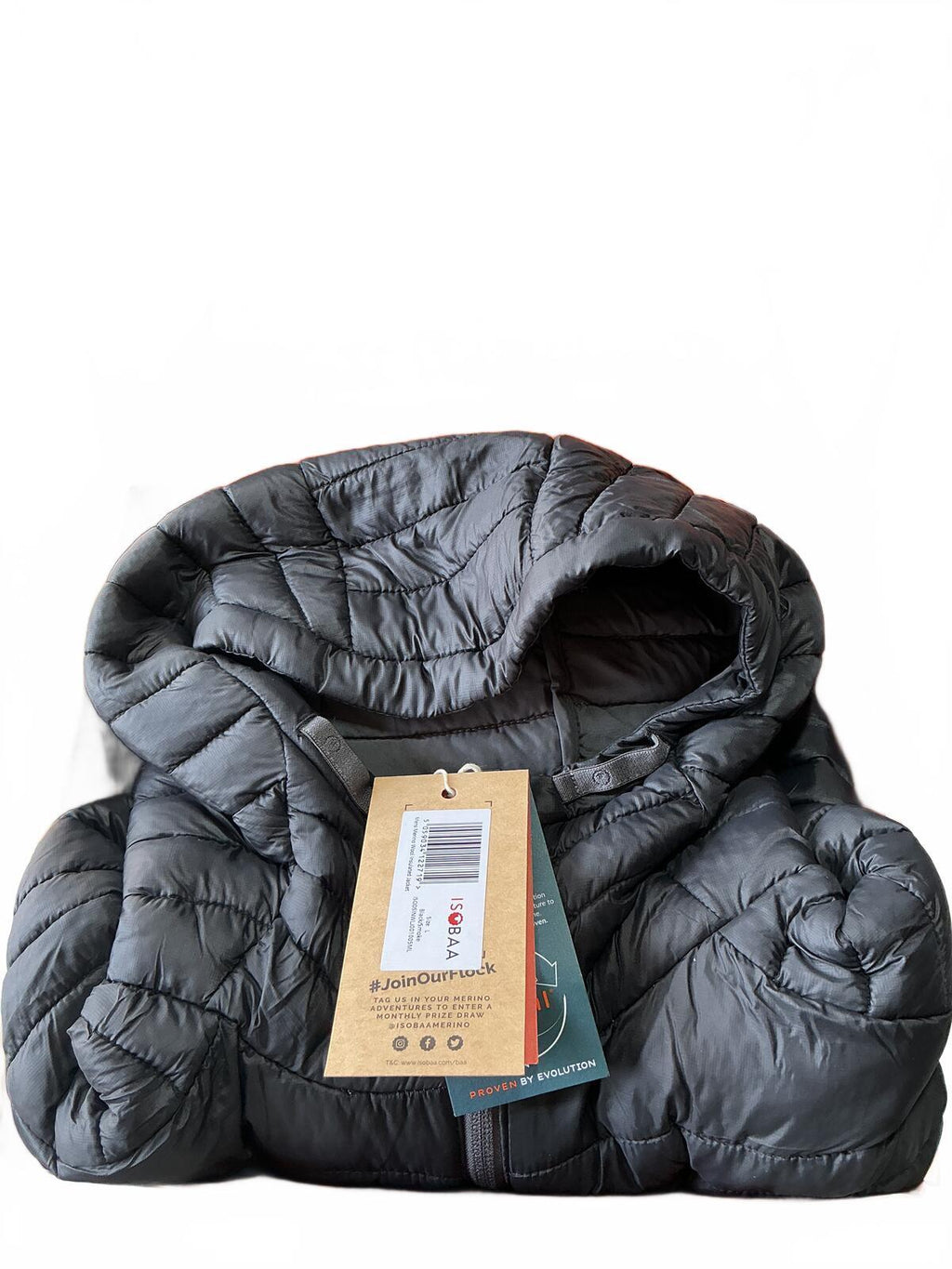 ISOBAA Men's Black Puffer Merino Jacket with Hood Size L Warm Lightweight